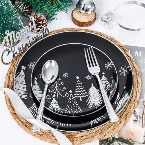 Miniatura 6 de KIRE Juego de 150 platos de Navidad desechables y vajilla para 25 invitados, platos negros y plateados, cubiertos de plástico y tazas con borde