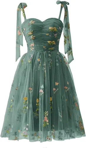 Miniatura 15 de Fivsole Vestido corto con bordado de flores para adolescentes, vestido de tul con tirantes delgados, mini formal, cóctel, fiesta de noche, vestidos
