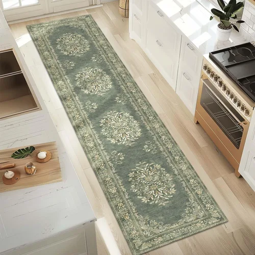 Miniatura 164 de Jinchan Fiora - Alfombra redonda de 8 pies, alfombras vintage con diseño floral envejecido, lavable a máquina, antideslizante, de pelo bajo, Azul