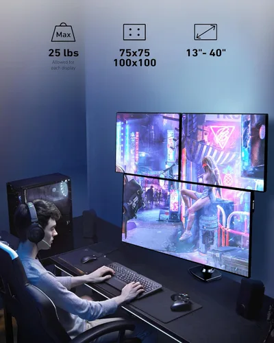 Miniatura 8 de Ergounion Triple Monitor Mount, Holds Screens up to 40 Inches and 25 lbs, Fully Adjustable 3 Monitor Desk Mount with C-Clamp and Grommet Base, Negro