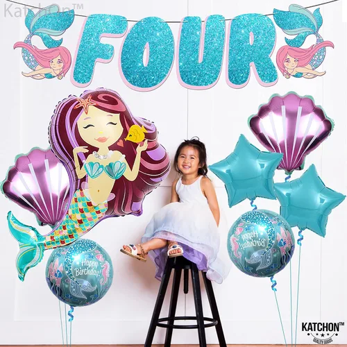 Miniatura 7 de KatchOn Juego de 8 decoraciones de sirena grande para cumpleaños número 4, globos de sirena y cumpleaños para niña de 4 años