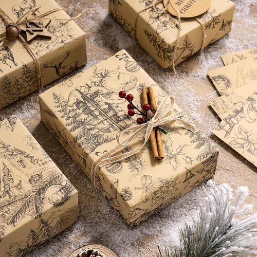 Miniatura 3 de RUSPEPA Papel de regalo Kraft - Diseño de reno negro y árbol de Navidad - Perfecto para Navidad, cumpleaños o cualquier ocasión - 12 hojas dobladas