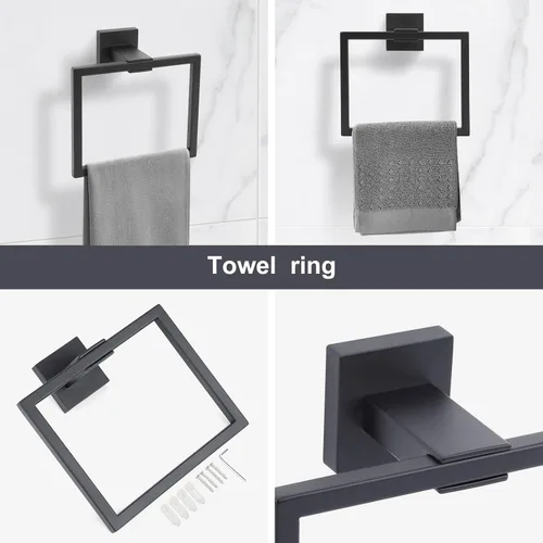 Miniatura 4 de Accesorios de baño de acero inoxidable negro mate, juego de 5 piezas con toallero cuadrado de 16 pulgadas, toallero y soporte