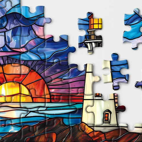 Miniatura 5 de Rompecabezas de faro de playa con vidrio emplomado para adultos de 1000 piezas, rompecabezas de atardecer en el océano, rompecabezas de paisaje