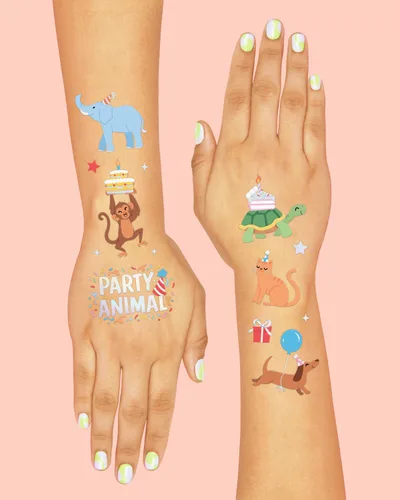 Miniatura 4 de xo, Fetti Tatuajes temporales para fiesta de cumpleaños de animales – 60 estilos de aluminio Decoraciones de cumpleaños de safari, accesorios