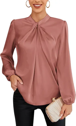 GRACE KARIN Camisas de manga larga tipo farol para mujer, cuello alto, color liso, blusa casual