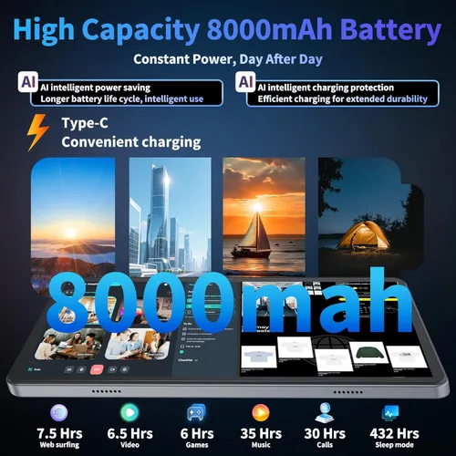 Miniatura 6 de Tablet Android 15 2026, tableta de 10 pulgadas con teclado, 24 GB+256 GB+2 TB expandir, tabletas 2 en 1 con 8 núcleos, WiFi 5G, 8000 mAh, BT5.0