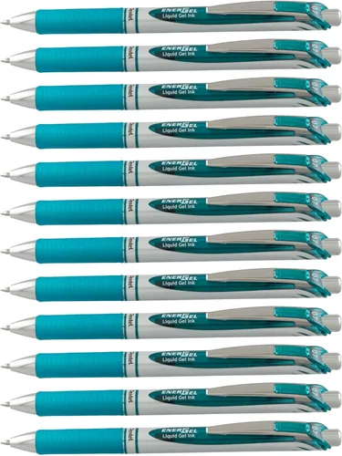 Pentel EnerGel RTX - Bolígrafo retráctil de gel líquido, punta de metal, paquete de 12 unidades, (0.7 mm), línea media, azul turquesa, caja de 12