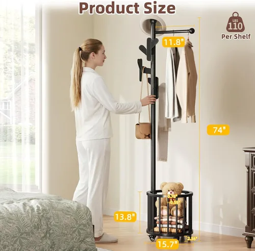 Miniatura 2 de CozyDH Perchero de madera con soporte para paraguas y ruedas, perchero independiente con múltiples ganchos, resistente para entrada, dormitorio