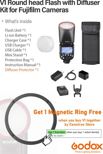 Miniatura 2 de Godox V1 F V1-F Flash con difusor para cámara Fujifilm, 76Ws 2.4G HSS TTL flash de cabeza redonda, 1.5s tiempo de reciclaje 480 flash de potencia