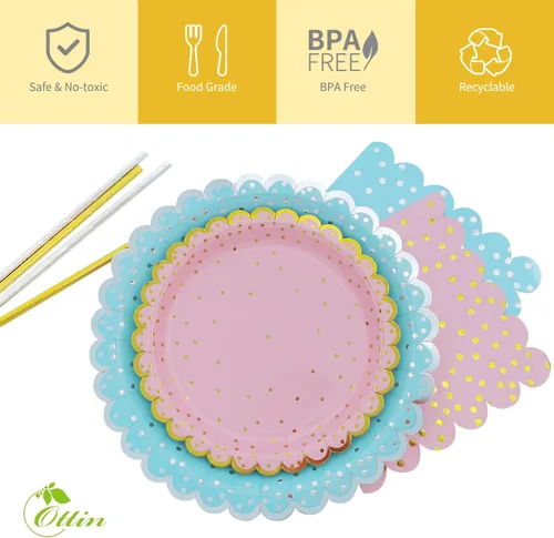 Miniatura 5 de Ottin Juego de 240 platos y servilletas de papel desechables rosa y azul, platos llanos de 9 pulgadas y platos de postre de 7 pulgadas, suministros