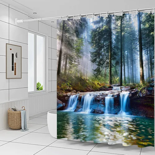 Cortinas de ducha con cascadas, decoración de baño al aire libre con paisaje natural del bosque, sol, árbol, planta, paisaje del patio, cortinas de