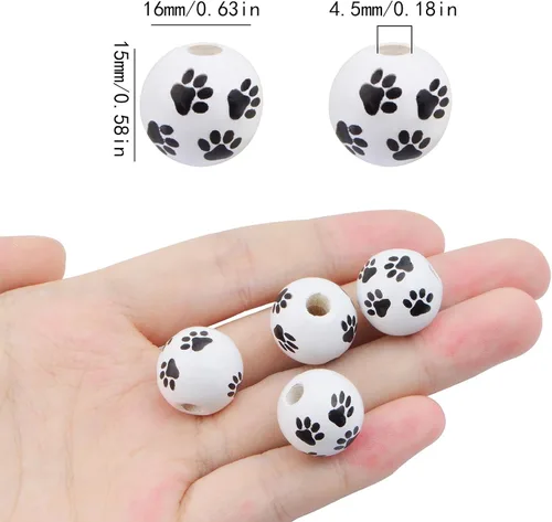 Miniatura 3 de 100 cuentas espaciadoras de madera con estampado de pata de perro de 0.63 pulgadas, cuentas redondas de huellas de perro en blanco y negro