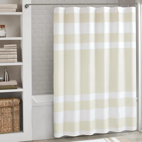 Miniatura 18 de Madison Park Cortina de ducha de tejido waffle con diseño a rayas en piezas, cortina de ducha de tela para baño con gestión de humedad 3M Rayas Taupe