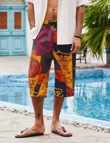 Miniatura 2 de COOFANDY Pantalones capri de lino para hombre, pantalones casuales con cordón, pantalones holgados de harén, pantalones capri de playa de pierna