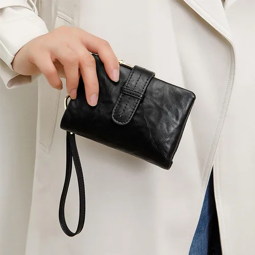 Miniatura 4 de Carteras pequeñas de cuero Rfid para mujer, billeteras dobladas medianas para mujer, cartera compacta y triple plegable con correa para la muñeca