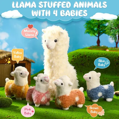 Miniatura 3 de Civaner Animal de peluche de llama con 4 peluches de llama bebé, lindo juego de peluche de alpaca suave Kawaii para niños y niñas, graduación, Blanco