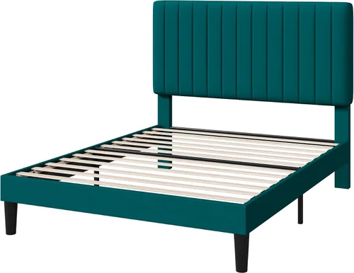 Miniatura 16 de HOOMIC Twin Bed Frame, Velvet Upholstered Platform Bed with Adjustable Vertical Channel Tufted Headboard, Mattress Foundation with Strong Wooden