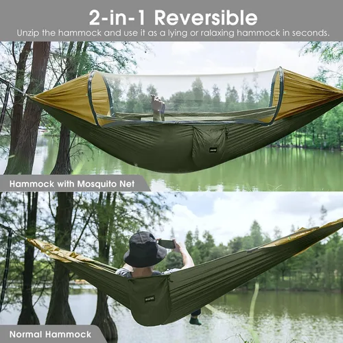 Miniatura 2 de G4Free Hamaca Grande para Acampar con Mosquitero para 2 Personas Pop-up Paracaídas Ligera Hamacas Colgantes Correas para Árboles Cama Columpio
