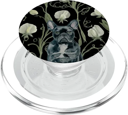 Black French Bulldog White Sweet Pea Flower Pattern PopSockets MagSafe PopGrip for iPhone