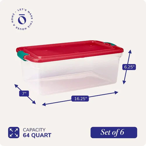 Miniatura 4 de HOMZ - Paquete de 6 contenedores organizadores de plástico para vacaciones con tapas, 64 cuartos de galón, transparente/rojo - Contenedores