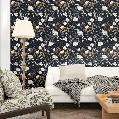 Miniatura 4 de ILHIIOR Papel tapiz floral azul oscuro para despegar y pegar, papel de contacto de hojas bohemias, papel de contacto con flores oscuras, extraíble