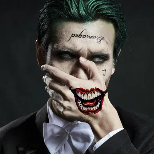 Miniatura 6 de 8 hojas de tatuajes de Joker, basuwu de tamaño grande, impermeables, para Halloween, todas las versiones, se ven reales y duran mucho tiempo, 8 pza