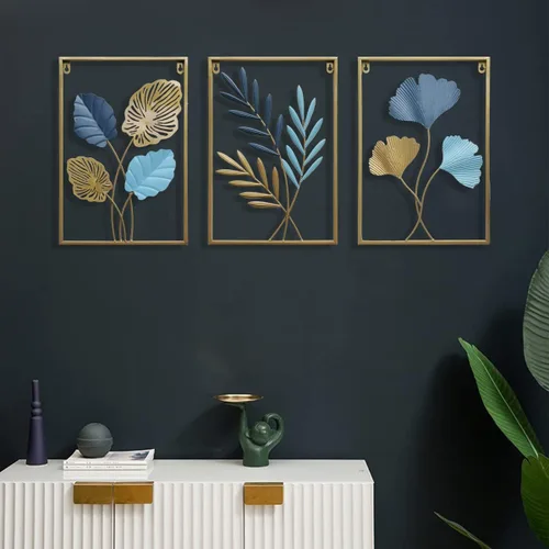 Miniatura 4 de MKUN Esculturas de pared de hierro – Juego grande de 3 piezas rectangulares de metal para decoración de pared con arte de ginkgo biloba, ideal