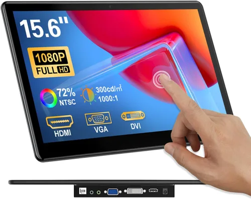 Monitor de pantalla táctil portátil de 15.6 pulgadas, FHD 1920 × 1080 IPS Ra Pi Monitor de pantalla táctil para portátil HDMI, VGA, DVI, pantalla