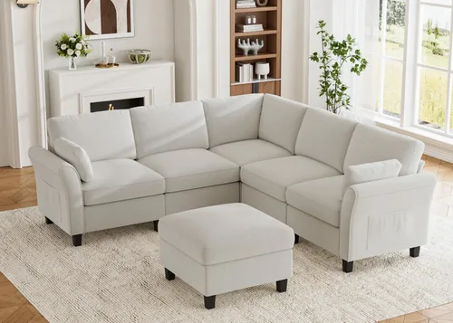 Miniatura 20 de Legend Vansen Sofá modular seccional, cómodo sofá modular en forma de U de 6 asientos con espacio de almacenamiento y diván, sofás seccionales Crema