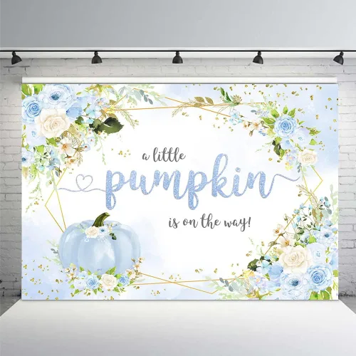 MEHOFOND Telón de fondo de calabaza de otoño de 7 x 5 pies para niño, baby shower, decoración de fiesta de bebé azul floral para bebé, niño,