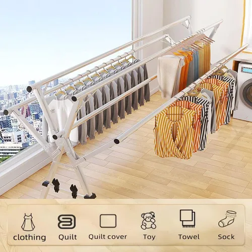 Miniatura 4 de Estante de secado de ropa ajustable de 5 bares, soporte plegable de acero inoxidable con ruedas bloqueables, extensible de 59 a 94.5 pulgadas