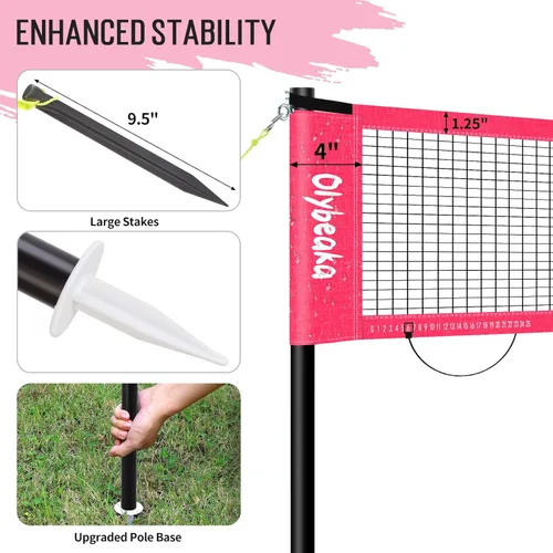 Miniatura 5 de Juego de red combinada de voleibol y bádminton de 20 pies para exteriores para patio trasero y playa con postes ajustables, red duradera Rosa