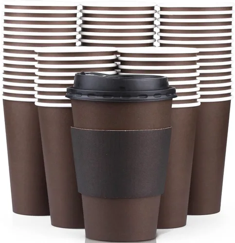 Miniatura 10 de Promora Tazas de café café desechables de 16 onzas con tapas y mangas, tazas de papel prémium (paquete de 100)