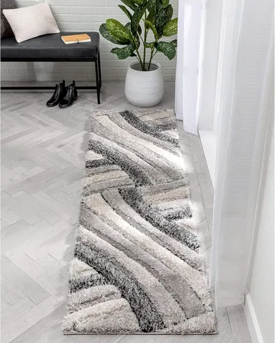 Miniatura 5 de Tapete peludo de felpa suave con textura en 3D, diseño de rayas geométricas, color azul y gris, grueso y suave