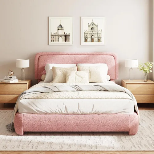 Miniatura 13 de Base de cama Boucle tamaño King, plataforma tapizada en nube con cabecero ajustable en altura y esquinas redondeadas suaves, no necesita somier, sin