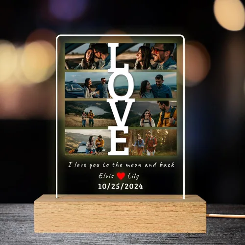 Miniatura 23 de Placa de fotos de acrílico LED personalizada, regalos de aniversario personalizados para parejas con nombres grabados, luz nocturna romántica