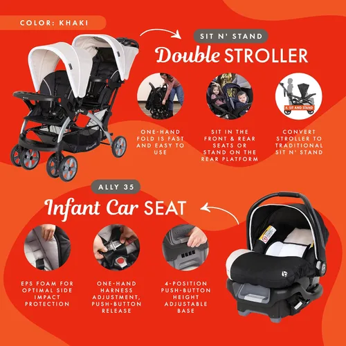 Miniatura 2 de Baby Trend Cochecito Doble para Bebés y Niños Pequeños y Combo de Asiento de Automóvil, Juego de 2 Piezas, Caqui - Dúo de Cochecito Portátil