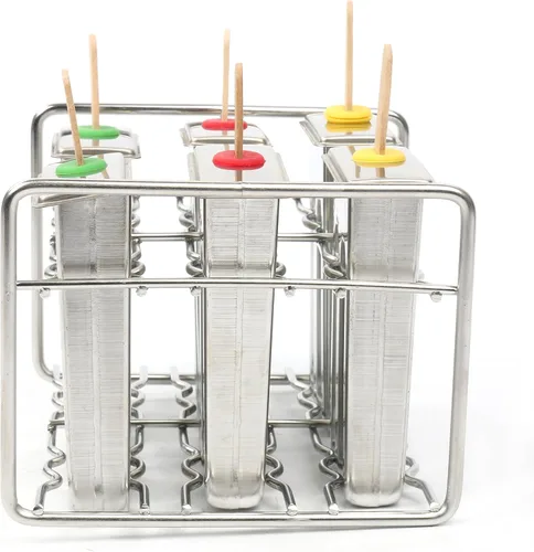 Miniatura 5 de Juego de 6 moldes y estantes de acero inoxidable para paletas – Máquina casera de golosinas de hielo con 50 palos de madera y 6 sellos de silicona