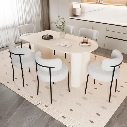 Miniatura 14 de Moderno juego de mesa de comedor color crema para 4, juego de mesa de comedor y sillas de 5 piezas, mesa de comedor ovalada blanca de 63 pulgadas