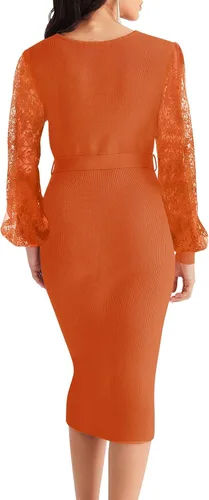 Miniatura 3 de MEROKEETY Vestido de suéter de manga larga con cuello en V para mujer, sexy, de punto envolvente, ajustado, con cinturón
