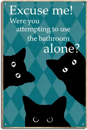 Letreros de metal vintage para decoración de baño con diseño de gato negro con texto en inglés "Excuse Me Were You Attempting To Use The Bathroom