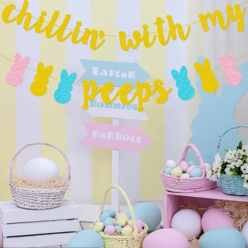Miniatura 4 de Decoraciones de conejo de Pascua, pancarta de Chillin con mis píos, con purpurina dorada, huevo de Pascua, pollo, decoraciones de fiesta de feliz