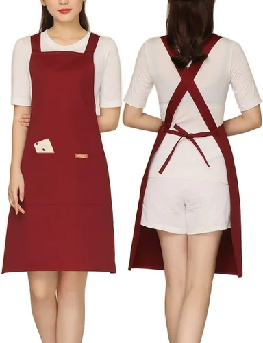 Miniatura 8 de NEWGEM Delantal 100% algodón con espalda cruzada para mujer con 2 bolsillos, correas de botón ajustables, sin dolor de cuello, delantal de chef