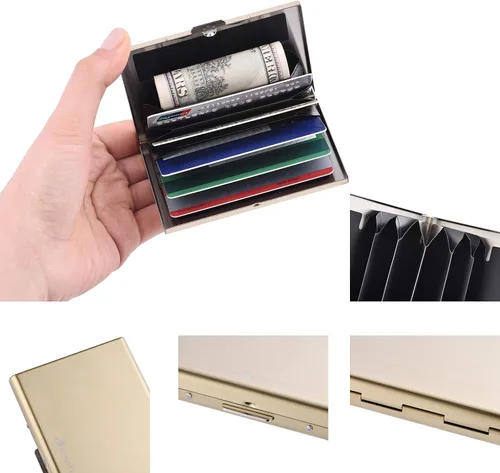 Miniatura 34 de BONSYL® Soporte para tarjetas de crédito, cartera delgada de metal con bloqueo RFID, con 6 ranuras para tarjetas, para mujeres y hombres.