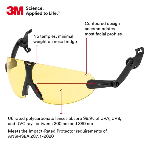 Miniatura 3 de 3M Anteojos de seguridad, ANSI Z87, lente ámbar antiniebla, se fija a la suspensión del casco, paquete de 1