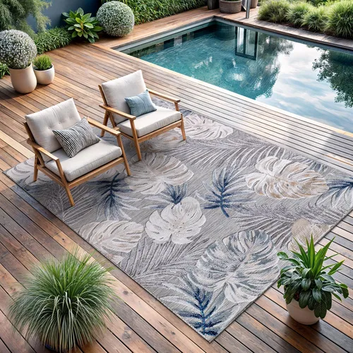 Miniatura 7 de CAMILSON Alfombra para Interiores y Exteriores, Alfombras de Área Azules 5x7 con Hojas Tropicales Botánicas para Patios Interiores y Exteriores