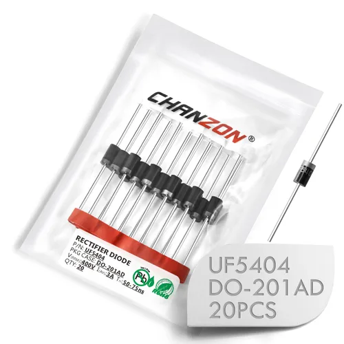 Paquete de 20 unidades Chanzon UF5404 Diodo Rectificador de Recuperación Ultra Rápida 3A 400V 50-75ns DO-201AD (DO-27) Axial 3 Amp 400 Volt Diodos