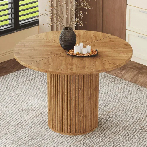 Miniatura 32 de Mesa de comedor redonda para 4-6, mesa de comedor negra con tablero de madera de 42'' y base de pedestal cilíndrico, mesa de cena redonda