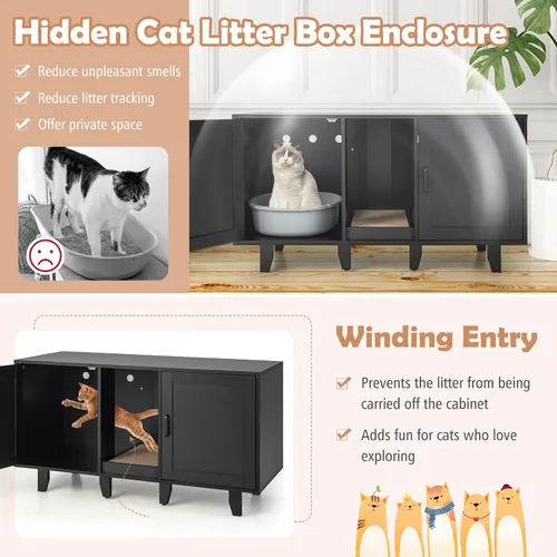 Miniatura 7 de PETSITE Caja de arena para 2 cajas de arena, mesa auxiliar oculta para baño de gatos con 2 gabinetes, tabla de rascar, muebles de arena para gatos